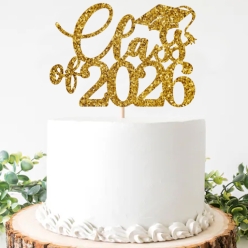 Gold Glittering Grad Class of 2026 Cake Pick Topper
